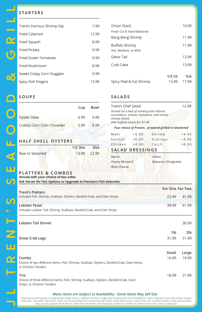 Page 1 of the Trents Seafood and Grill Menu