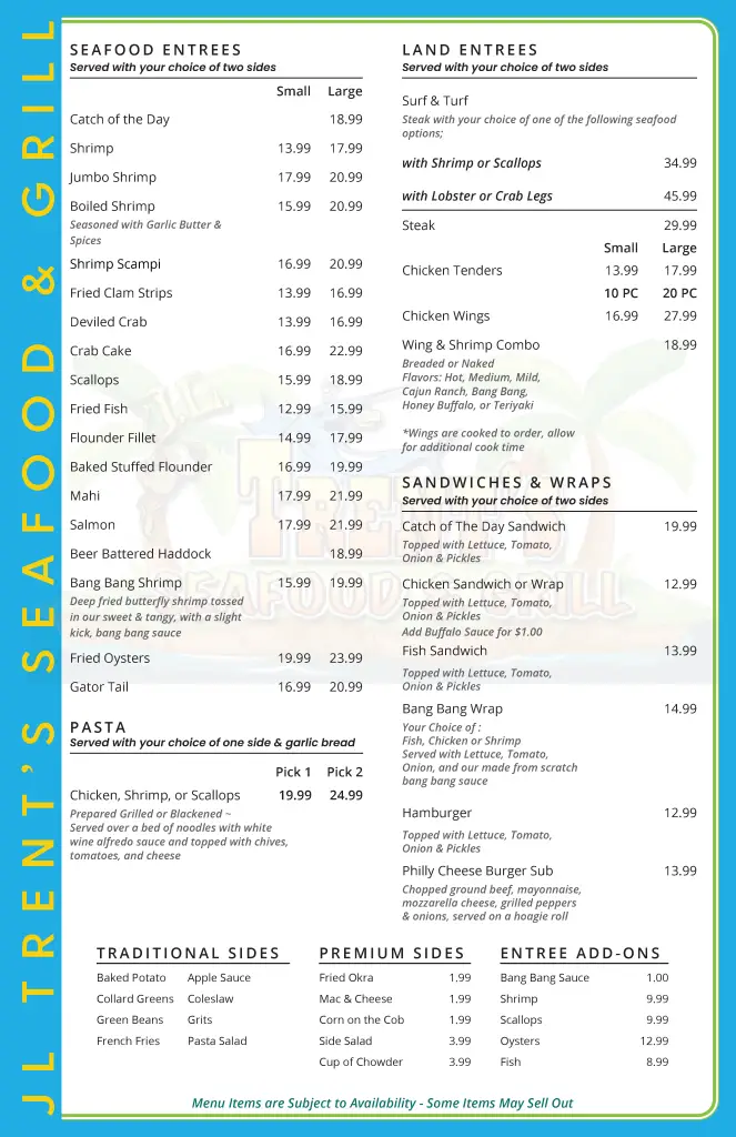 Page 2 of the Trents Seafood and Grill menu